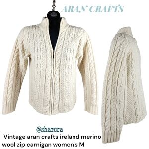 Vintage Women's Aran Crafts Nordic fisherman knit zip Carnigan Cream Sweater M